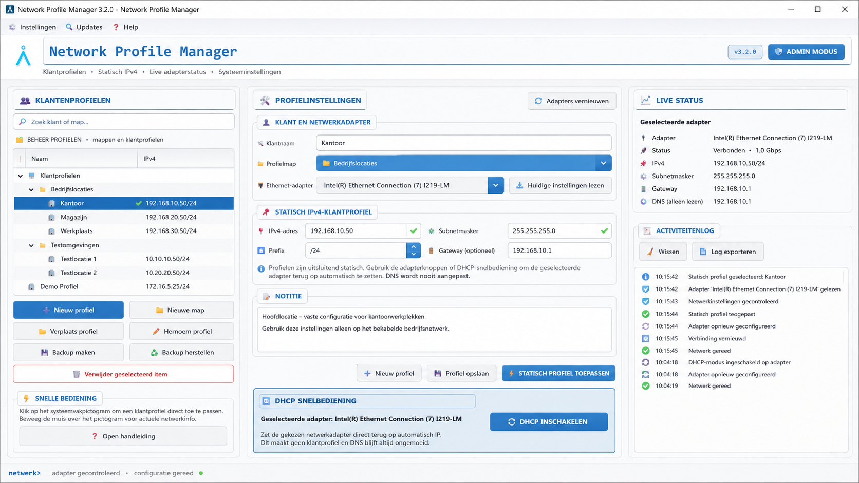 Screenshot van Network Profile Manager met klantprofielen, profielinstellingen en live status.